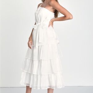 NWT Lulus Sweetest Success White Organza Tiered One-Shoulder Midi Dress